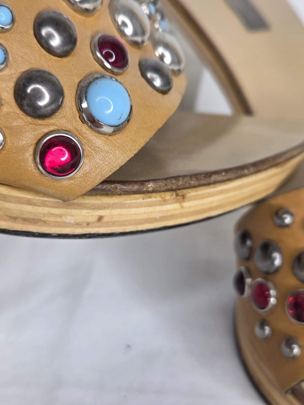 Mario Bologna Size 40 Studded Tan Slide Mules with Multicolor Gem Accents - Picture 9 of 14